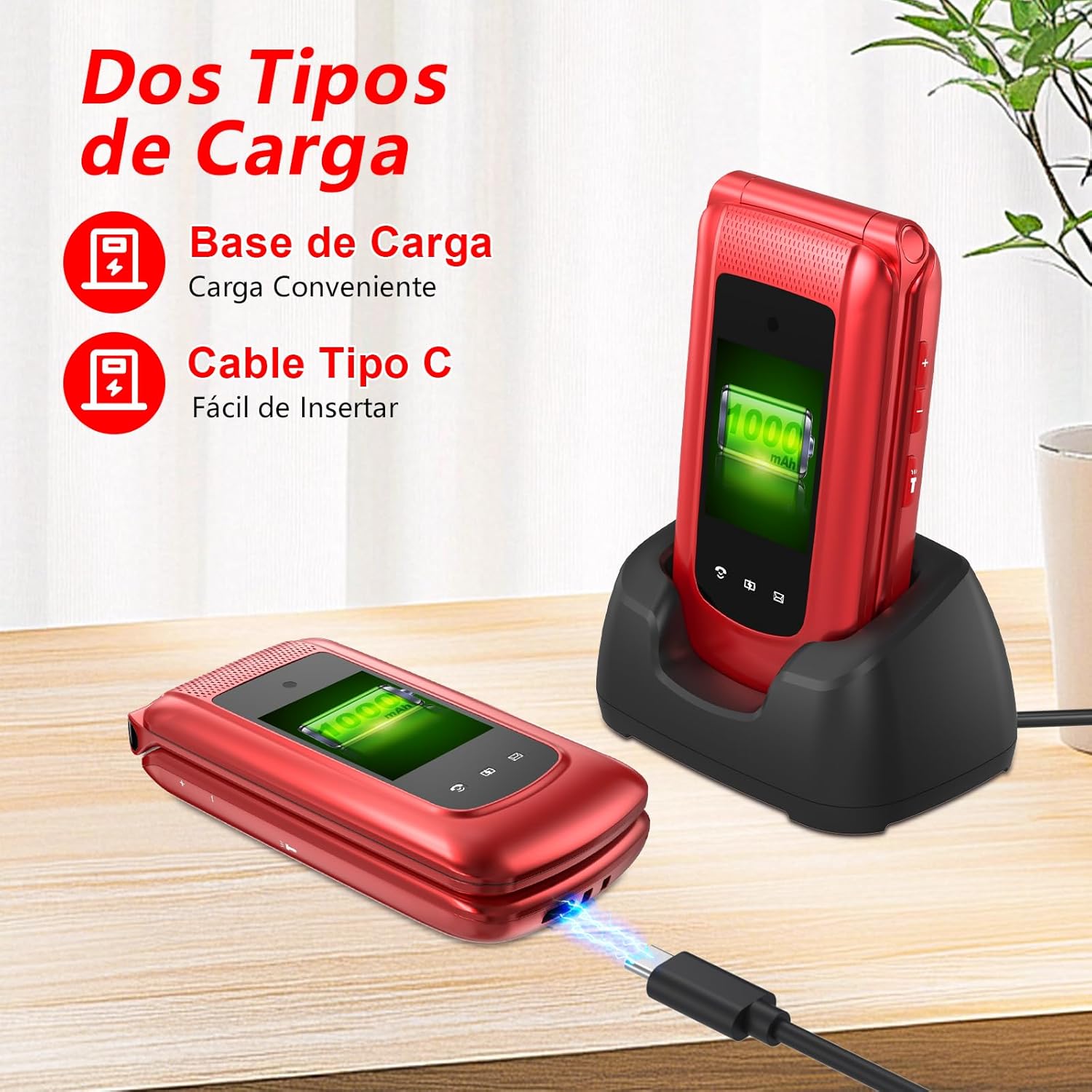 The uleway T380D phone being charged using both its dedicated charging base and a direct USB-C cable connection.