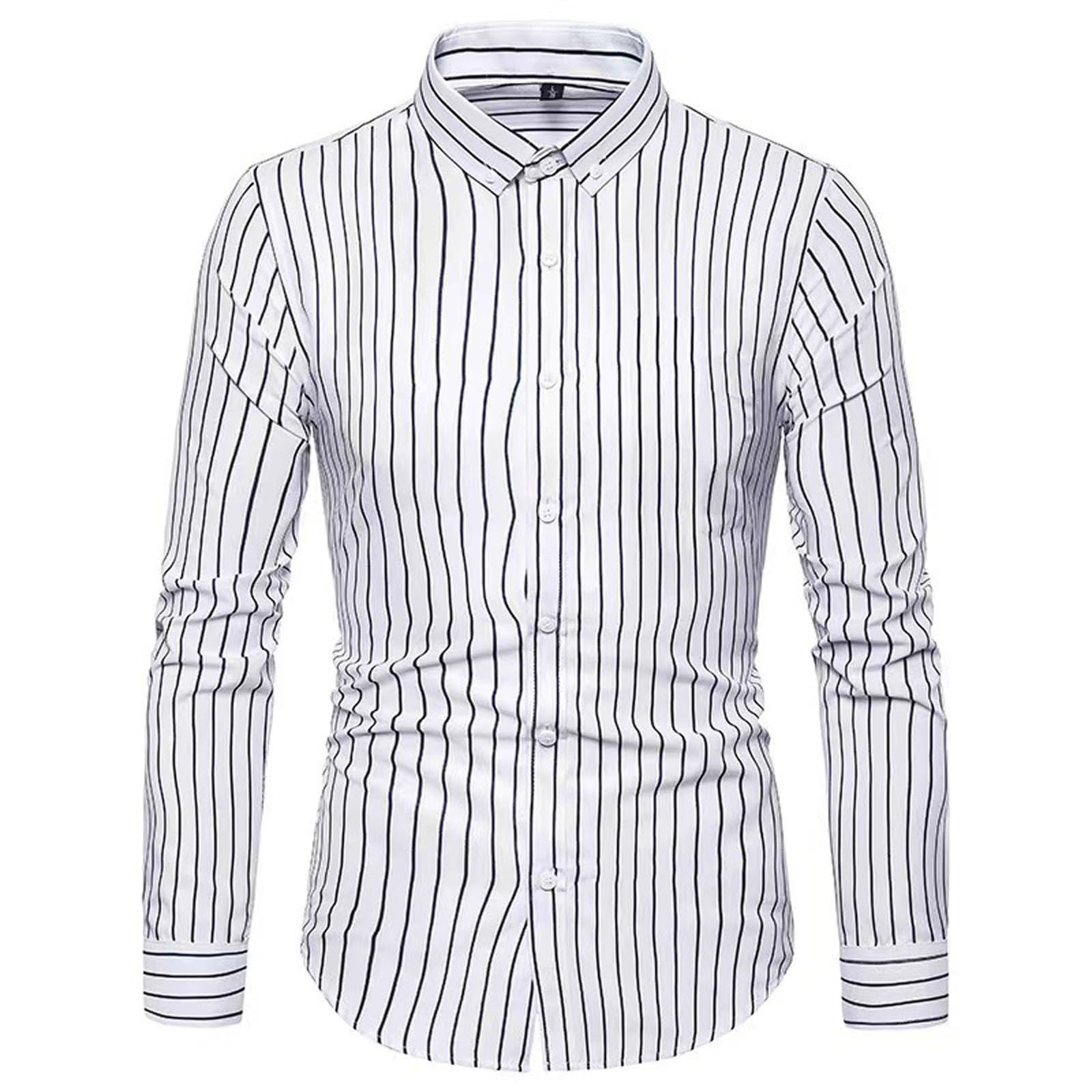 Generic Camisas ligeras de verano para hombre, a rayas, casual, de manga larga, con cuello abatible, estilo retro, básica, ligera