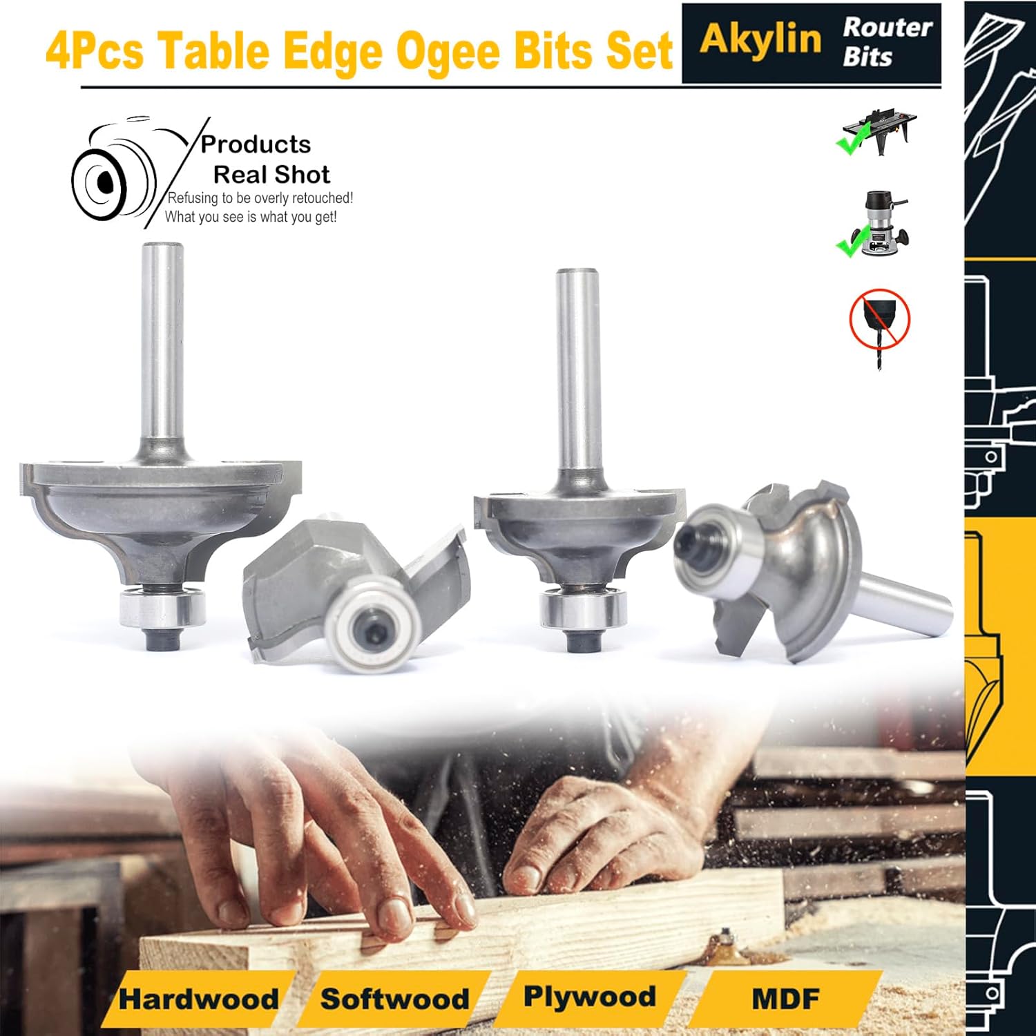 4Pcs Table Edge Ogee Bits Set,1/4" Shank,Ogee Fillet Bits with Step,Cutting Depth 5/16", 7/16",1/2",1/2",Double Roman Ogee Edging Cutter for Wood Table,Drawer Fronts Profiling,Routing,Molding