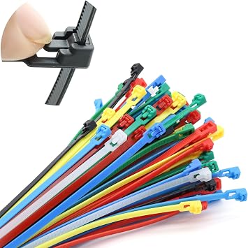 Reusable Cable Ties 200mm, 8 inch Colored Zip Ties-Red/Yellow/Green/Blue/Black/White Heavy Duty Plastic Cable Ties-100pcs