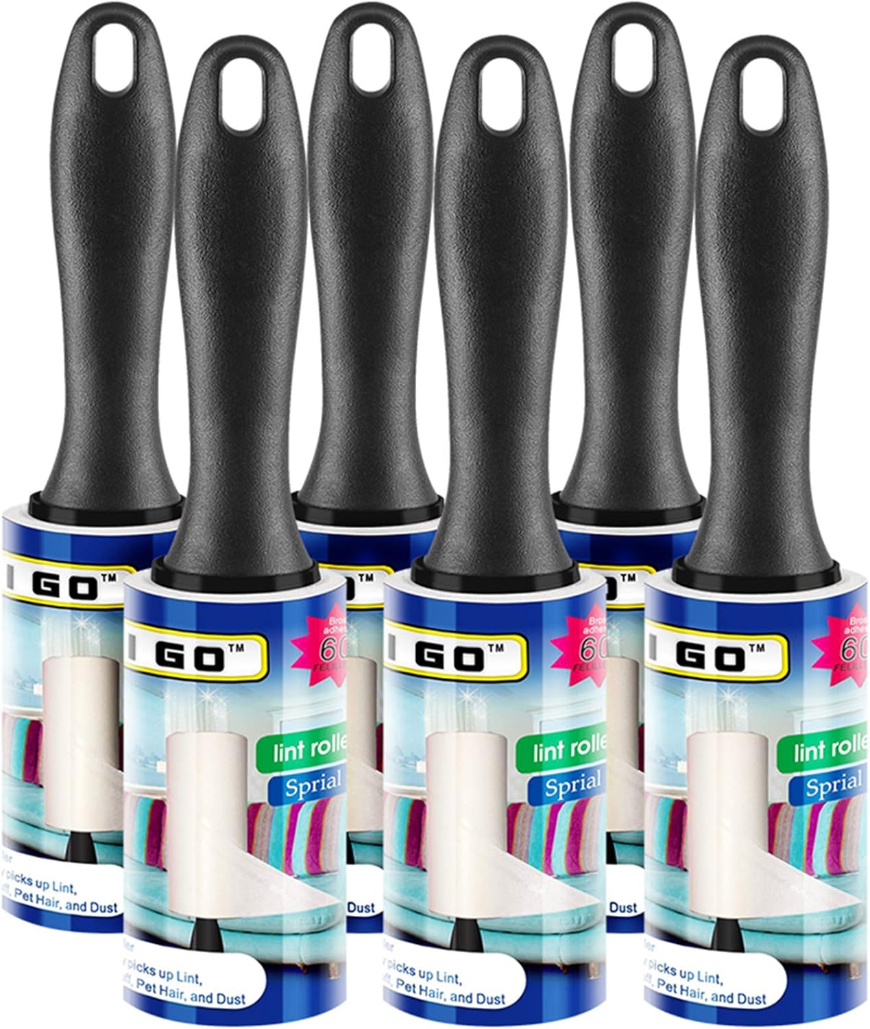 I GO Extra Sticky Pet Hair Lint Roller, Professional Lint Remover for Clothes, Furniture, Laundry, Pick-Up Roller with Spiral Sheets, 6 Pack, 60 Sheets/Roller(360 Sheets Total)