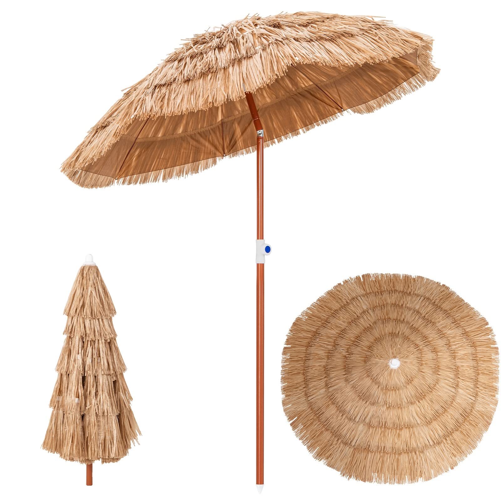COSTWAY Sombrilla de Paja Ø 175 cm, Sombrilla Playa Hawaiana con 8 Costillas, Parasol Inclinable 45°, Alrura Ajustable, Exterior Patio Terraza Playa Piscina