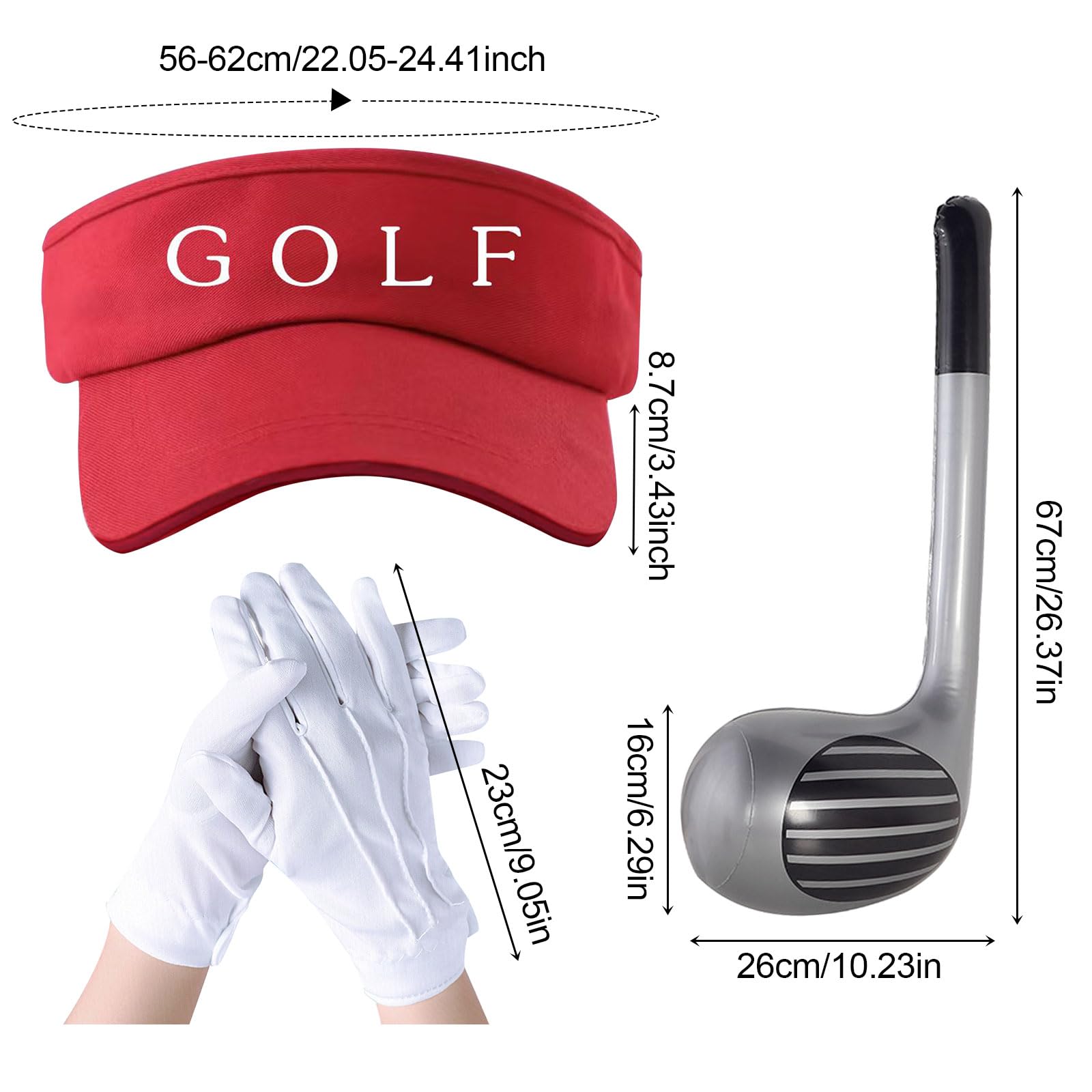 UILYNIU 3 Pieces Golf Fancy Dress Costume Accessories Inflatable Golf Club Red Golf Visor White Gloves - Image 2