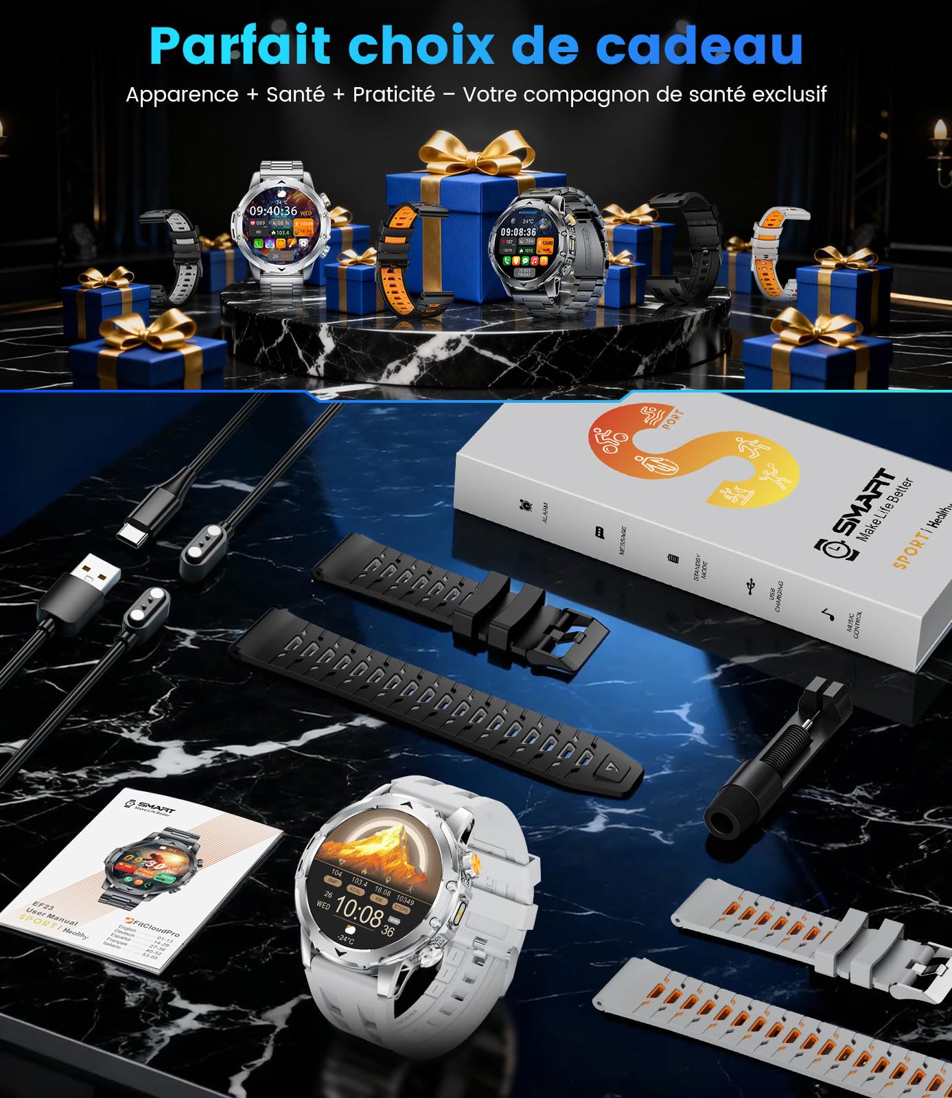 Montre Connectée Homme avec 1000mAh/3 Bracelets/1,53'' HD Grand Écran/LED Lampe,Smartwatch Homme avec Moniteur de Fréquence Cardiaque et Sommeil/110+ Modes Sportifs, Android iOS, Argenté
