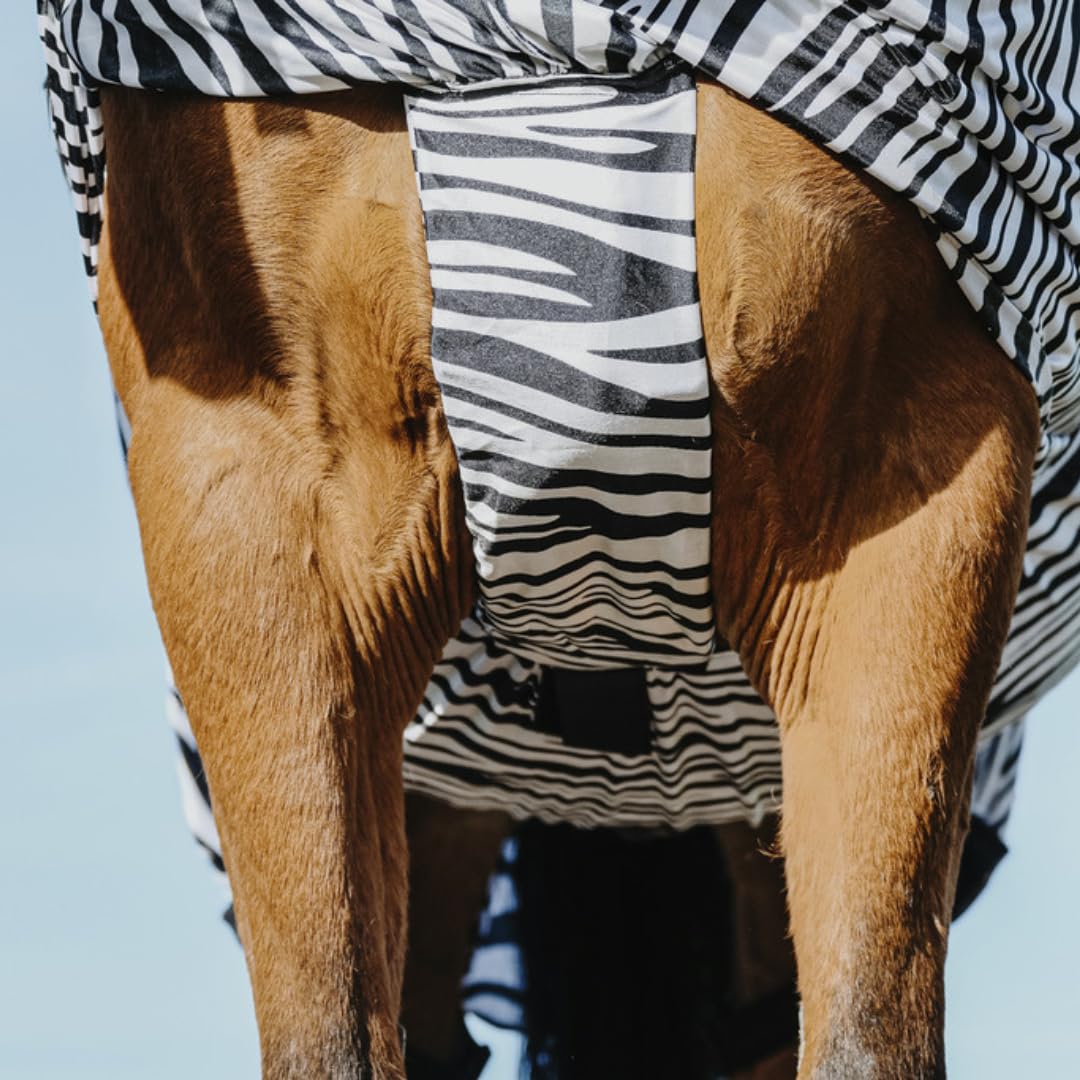 Riding World - Ekzemerdecke Zebra | Fliegendecke mit abschwitzender Wirkung | Pferdedecke mit Bauchlatz & verstellbaren Riemen & Bändern | Abschwitzdecke Pferd & Pony | Stalldecke Zebra-Look | 145 cm