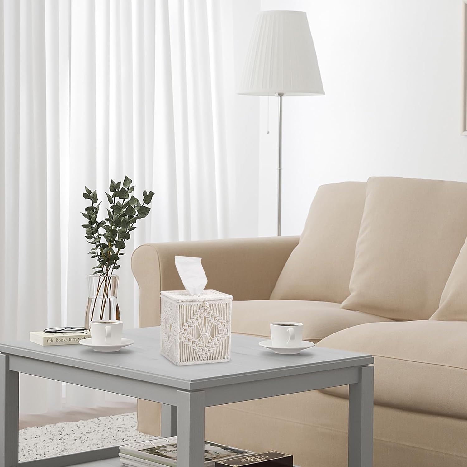 Macrame Tissue Box Cover, 6 Pack Square Boho Decor Tissue Holder, Handmade Woven Cotton Rope Organizer with Open Bottom for Bedroom, Bathroom, Living Room, Office - Ivory