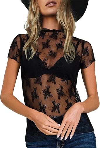Women Mesh Sheer Lace Tops Short Sleeve See Through Layering Shirt Top Lace Floral Embroidery Going Out Tops Tee