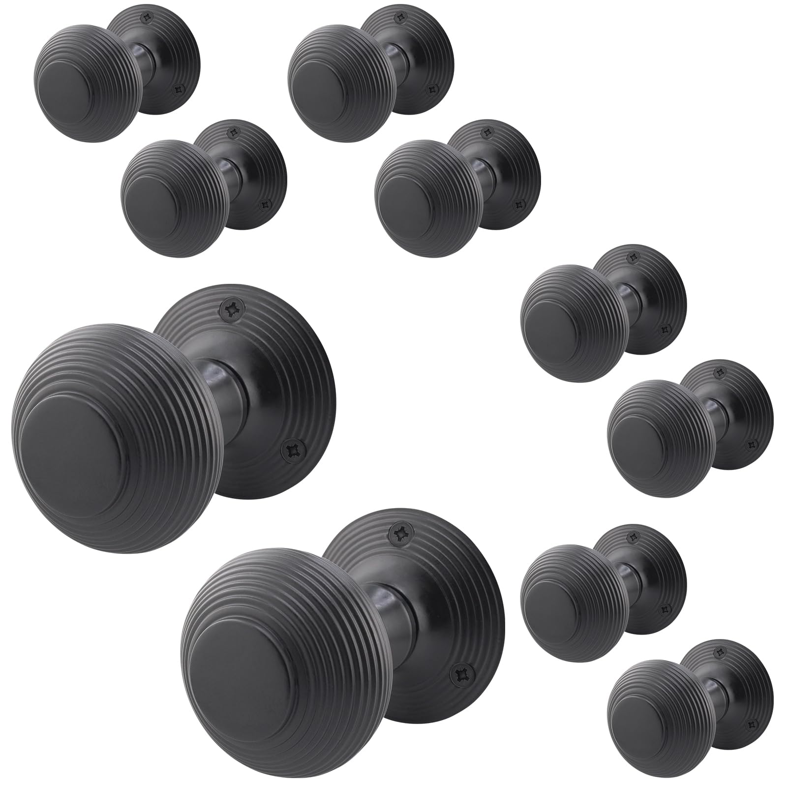 EAI Beehive Reeded Black Door Knobs | 5 Pairs of Matt Black Mortice Knobs (55mm) for Internal Doors