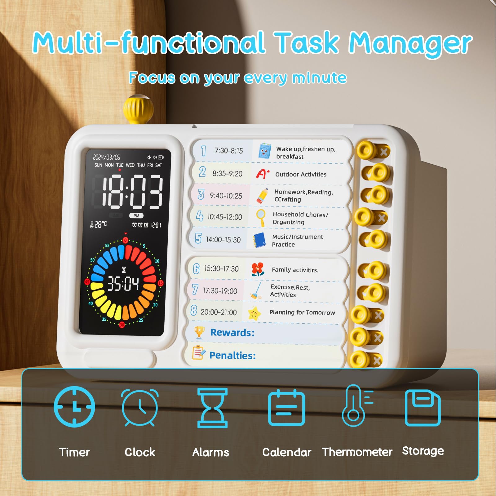 AFAITH Minuteur Enfant Timer Visuel Minuteur de Cuisine Pomodoro Timer Enfant Apprentissage Tdah Outils Compte à rebours de 60 Minutes écran géant(Blanc et Jaune)