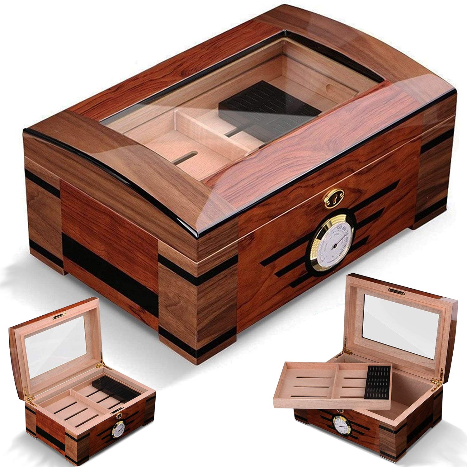 Cigar Humidor?Front Mounted Hygrometer Cedar Lined?Desktop Cigar humidor Spanish Cedar Tray Divider, Piano Coating Finish and Transparent Top?Humidor Cigar Box for Gifts