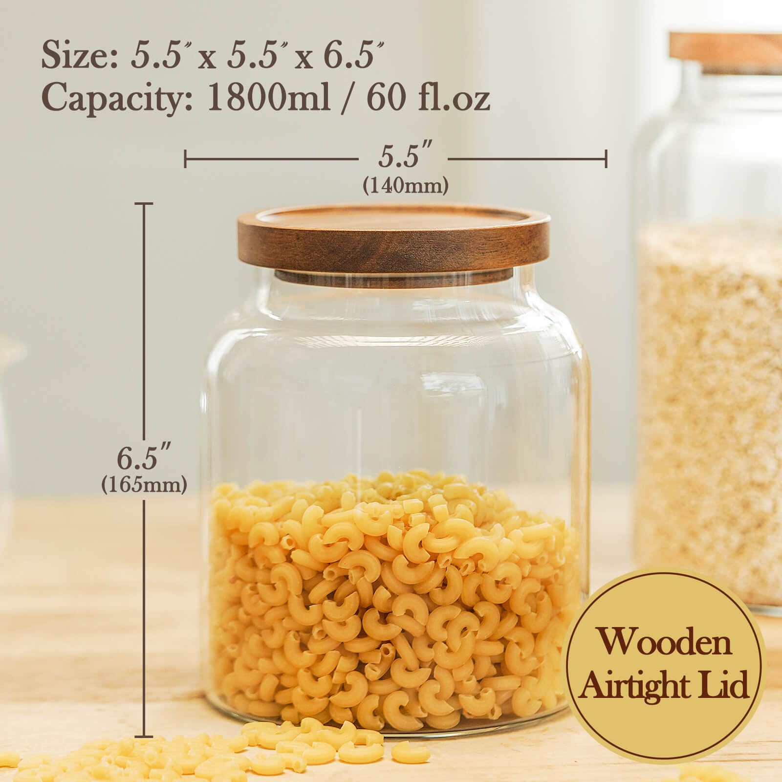 Labina Contenedor de almacenamiento de vidrio hermético para alimentos, recipiente de cocina con tapas de madera, tarro de vidrio de 86 onzas de boca ancha para harina, azúcar, galletas, espaguetis,