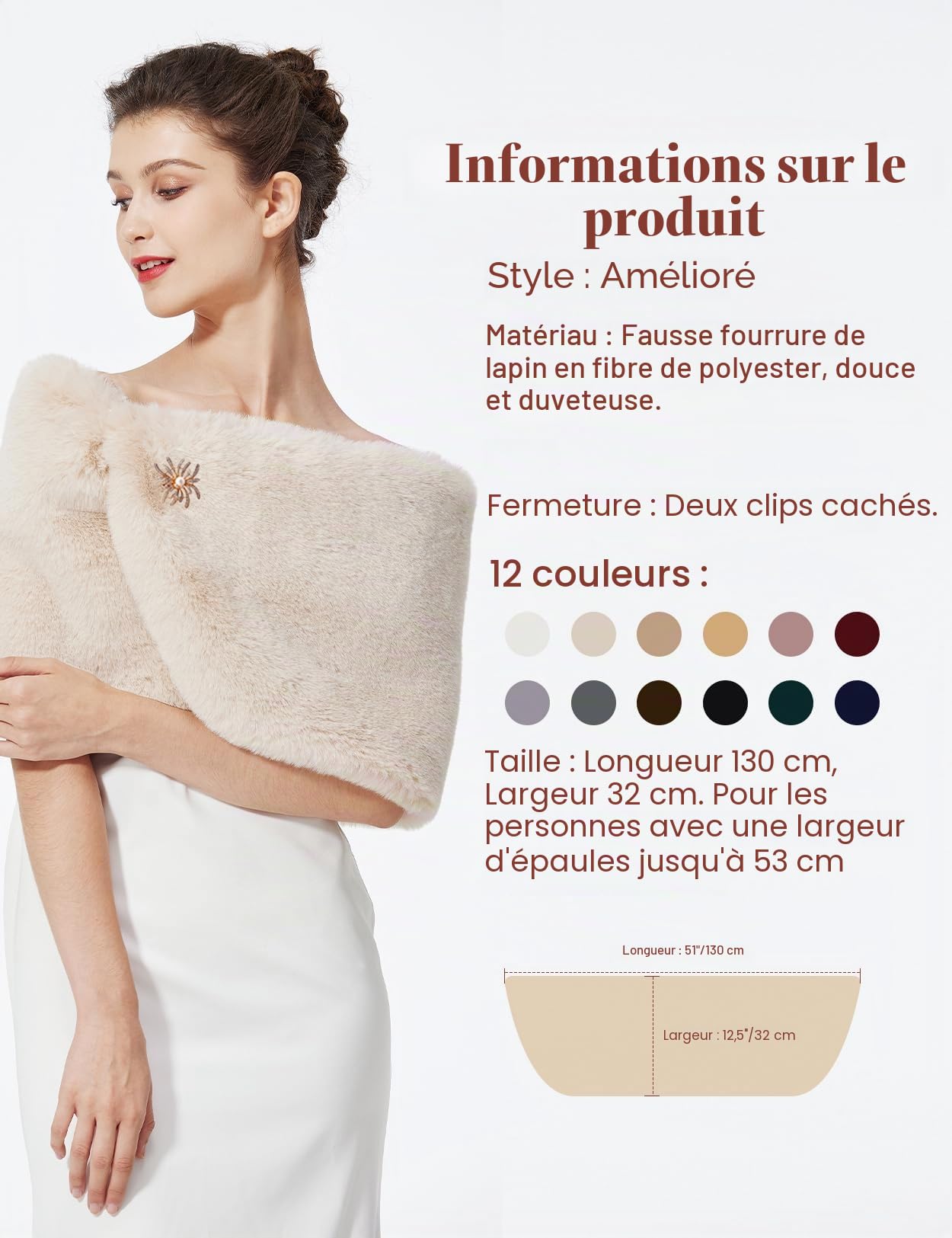 BEAUTELICATE Châle Étole en Fausse Fourrure Écharpe De Femme Mariage Hiver Autumn sur Robe de Soirée Mariée Cérémonie Fête Demoiselle d'honneur