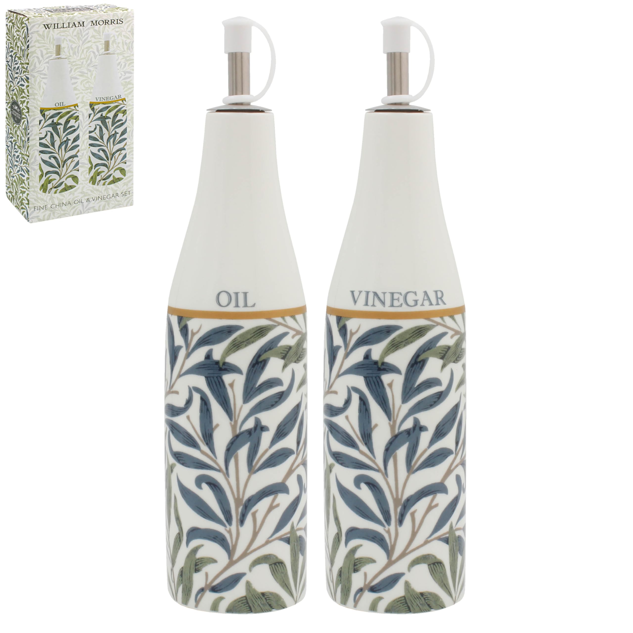 The Leonardo Collection Wm. Morris Willow Bough Willow Bough Oil & Vinegar Dispencer Stoneware 2 x 300ml For Home and Kitchen | Oil Bottle and Vinegar Dispenser Bottles Set for Cooking & Daily Use