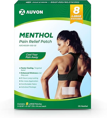 AUVON Parches para aliviar el dolor (8 unidades), parches de mentol para hasta 8 horas de alivio del dolor de espalda, alivio del dolor muscular,