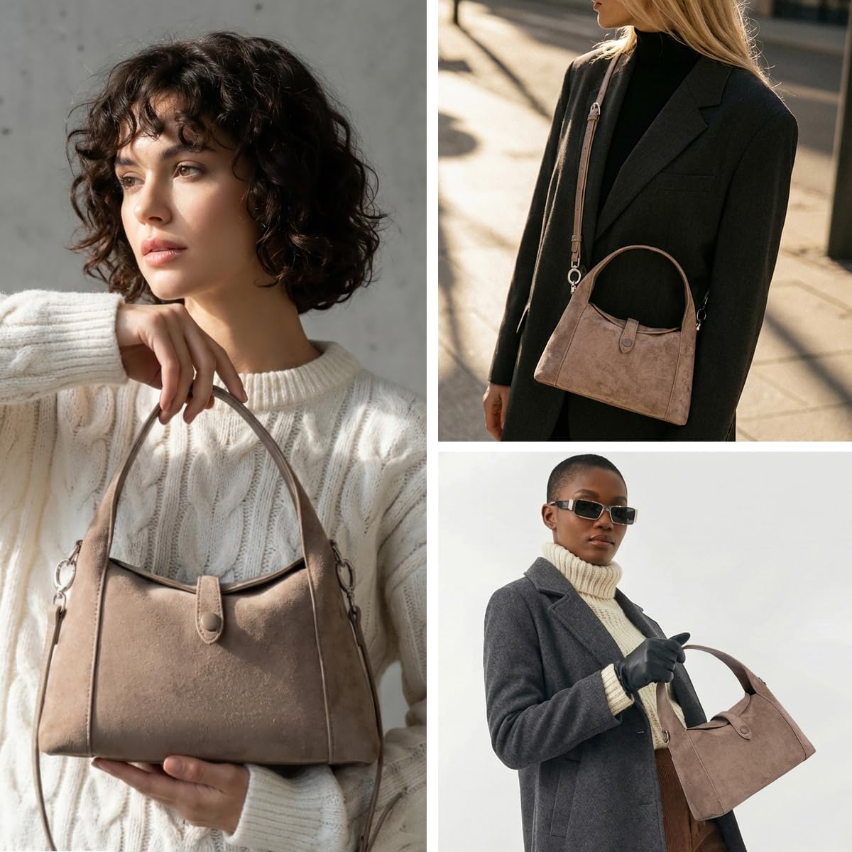 Suede Shoulder Bag for Women, Vintage Half-Moon Hobo Tote Handbag, Soft Suede Crossbody Purse with Detachable Strap