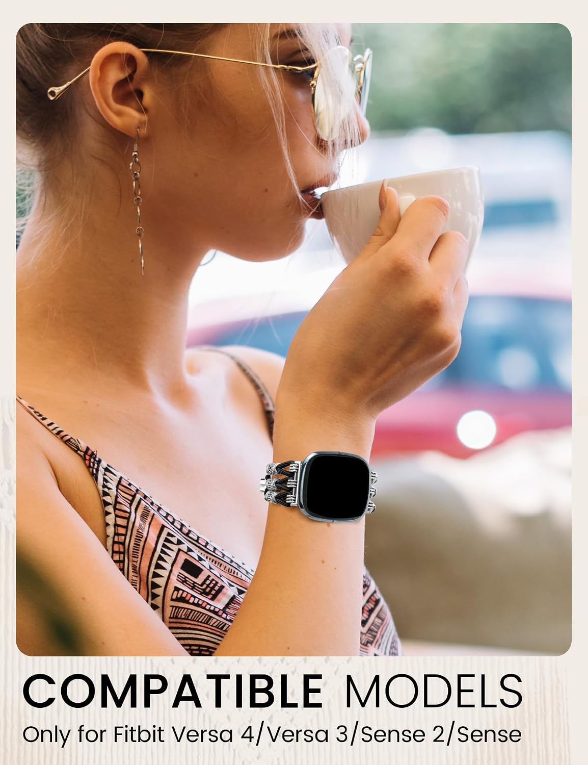 Newlibery Beaded Bracelet Compatible with Fitbit Versa 4/Versa 3/Sense 2/Sense Bands Women, Boho Soft Elastic Stretchy Nylon Braided Strap Fancy Dressy Charms Wristband for Fitbit Smartwatch, S