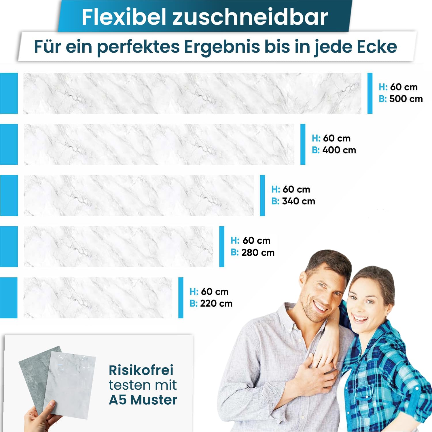 danario Küchenrückwand selbstklebend - Matt - Spritzschutz Küche - versteifte PET Folie - 0,4 mm - Marmor weiß - Materialmuster A5