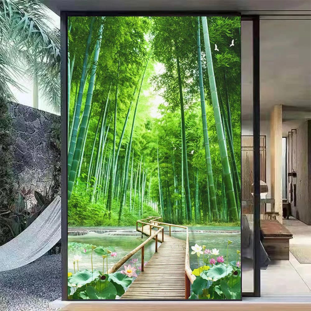 Window Film Privacy Frosted Not Transparent Static Cling Heat Control UV Blocking Green Scenery Glass Sticker(40x160cm) — image 1
