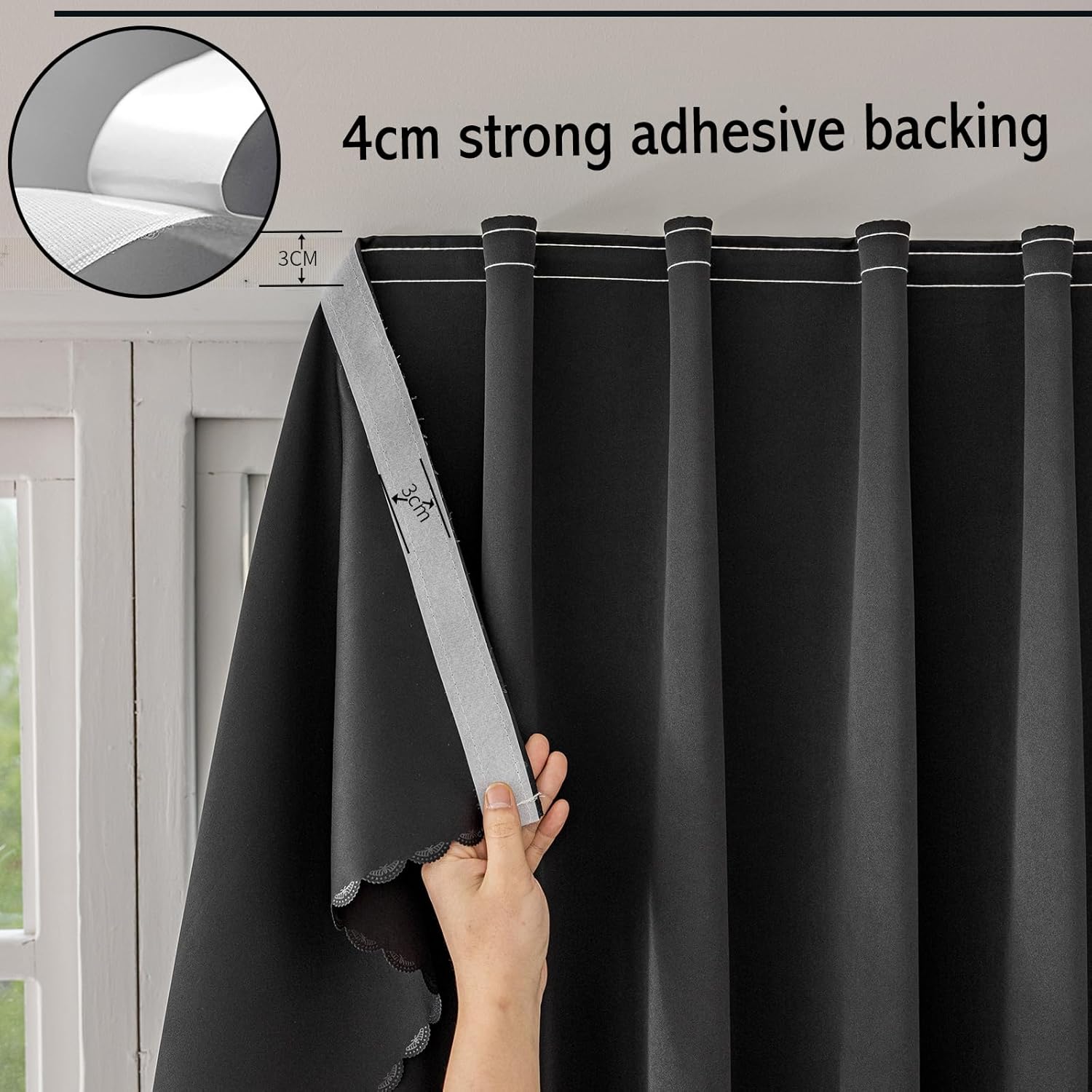 Jilron Magic Tape Stick on Curtains Blackout Curtains for Bedroom no Drillng Self Adhesive Curtain no Rod Small Window (Black, 35" W x 71" L) 2 Panels