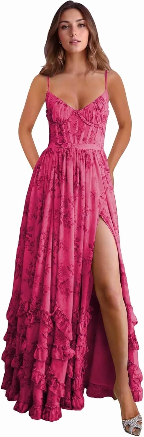 V-Neck Chiffon Floral Printed Bridesmaid Dresses with Slit for Women Long Spaghetti Straps Ruffle Wedding Guest Dress