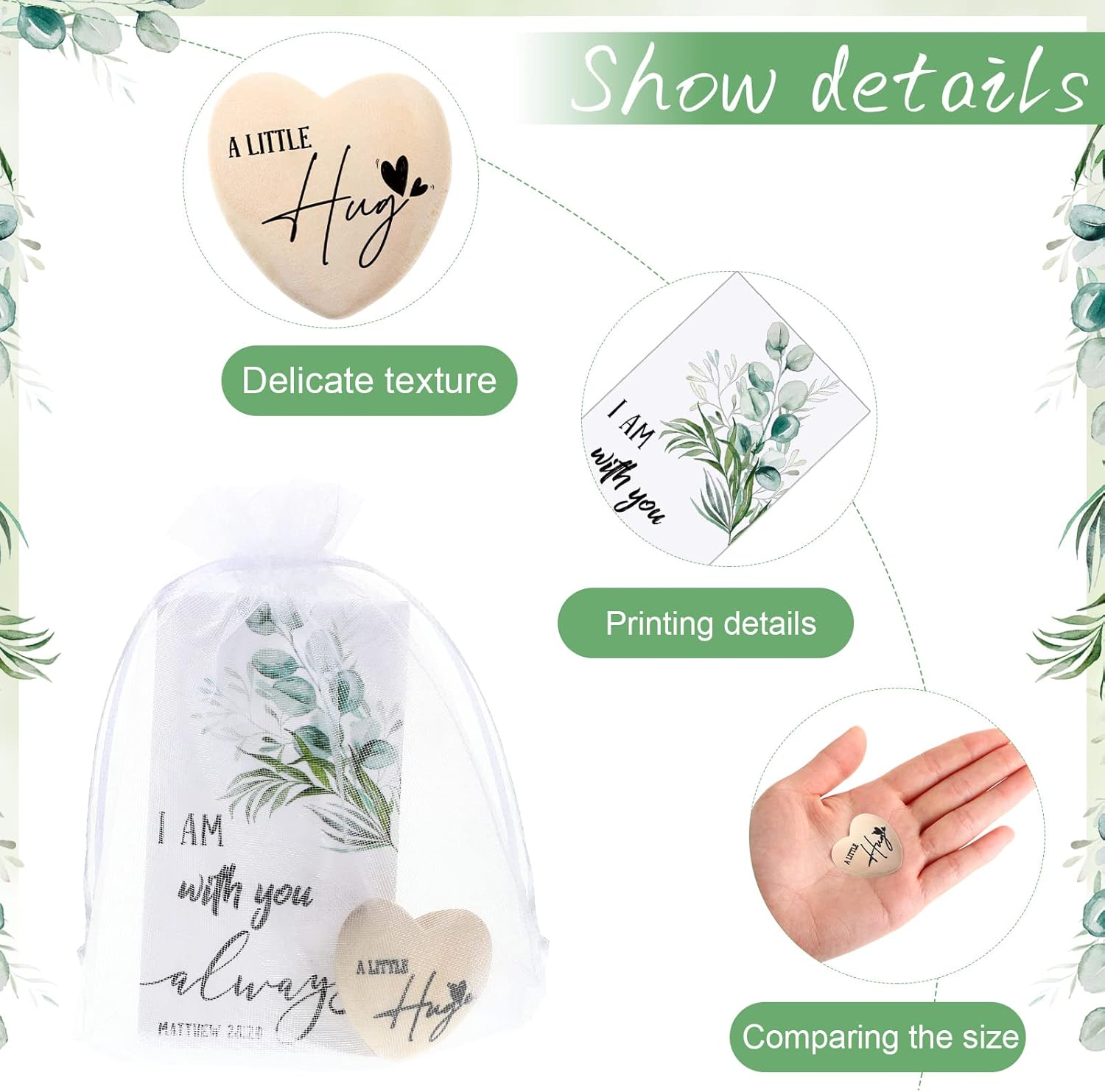 Bucherry 100 Sets Wooden Heart Pocket Hug Token with Bible Hug Card Organza Bag Bulk Student Pocket Reminder Keepsake Heart Charm for Family Friend Colleagues