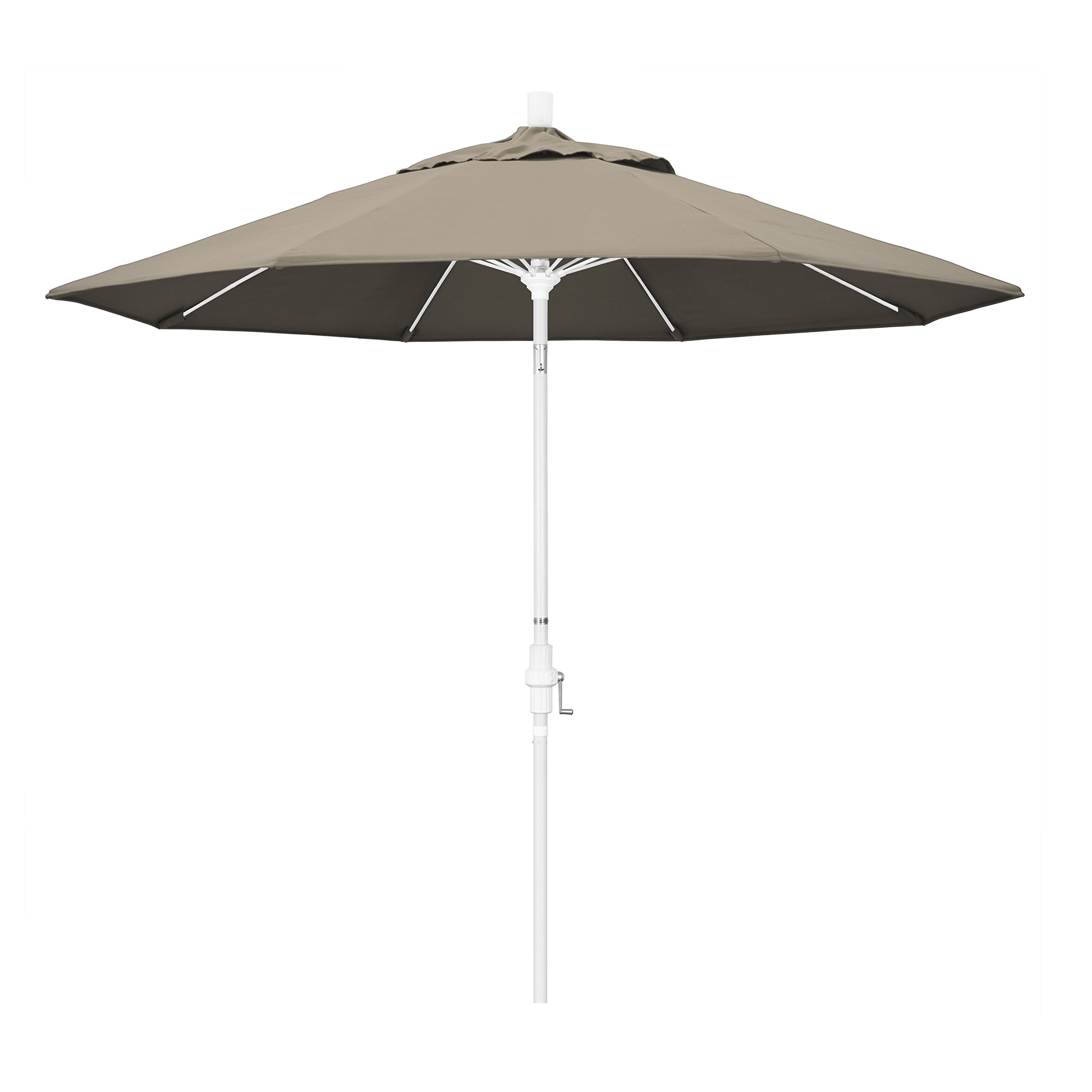 california umbrella 9' round aluminum pole fiberglass rib market umbrella, crank lift, collar tilt, white pole, pacifica taupe