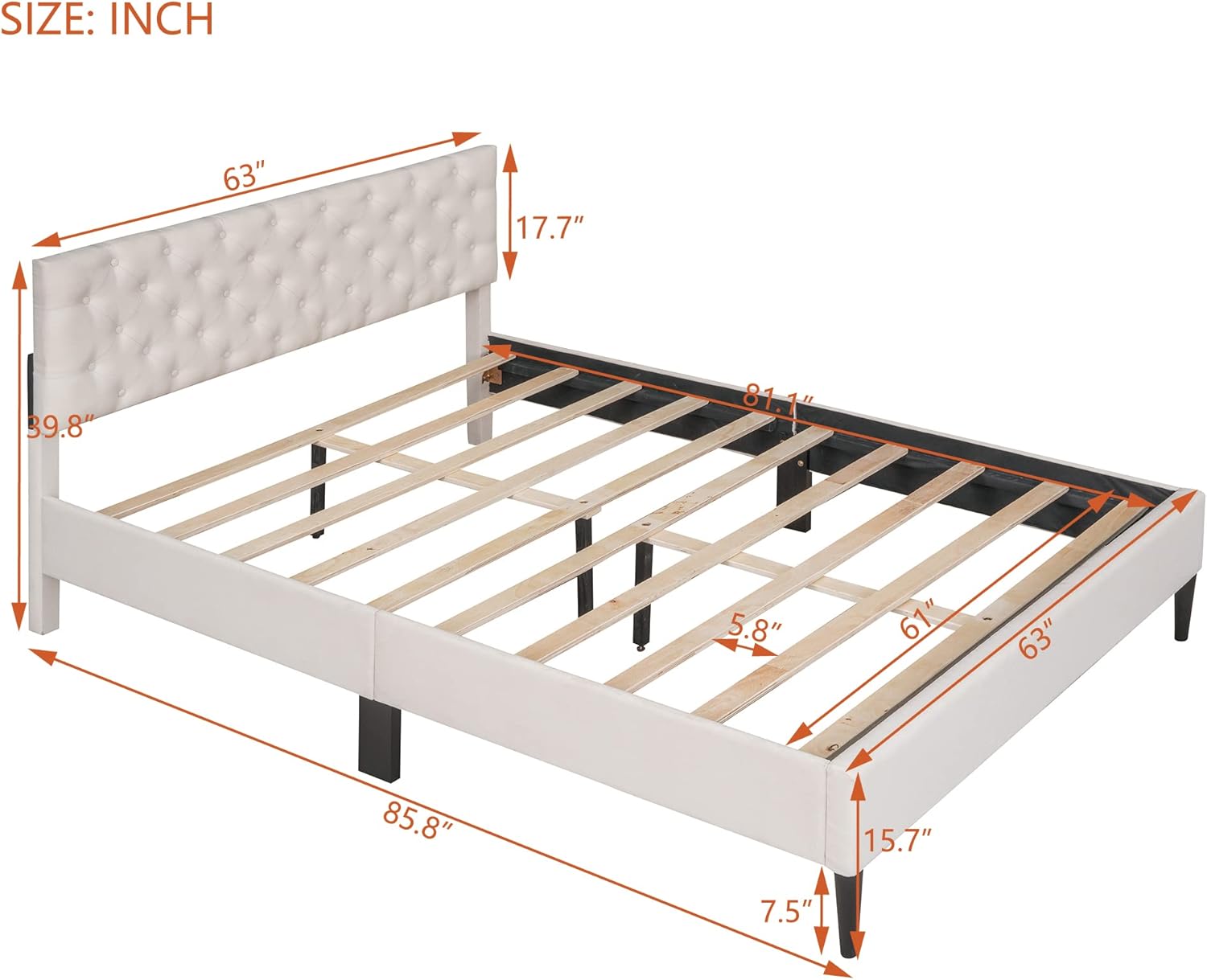 Queen Size Upholstered Linen Platform Bed Frame with Button Tufted Headboard, Strong Wood Slat Support, No Box Spring Needed, Easy Assembly (Beige@d)