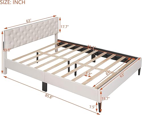Miniatura 2 de DNYN Base de cama tapizada de lino tamaño Queen para niños, adolescentes y adultos, base de cama de madera maciza con soporte de tablillas, no