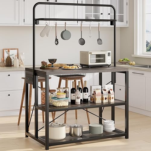 47” Kitchen Island with Storage, Large Bakers Rack with Power Outlet Microwave Oven Stand W/ 3-Tier Shelves & 8 Hooks for Pantry Organization, Metal Coffee Bar Table for Dining Living Room, Grey