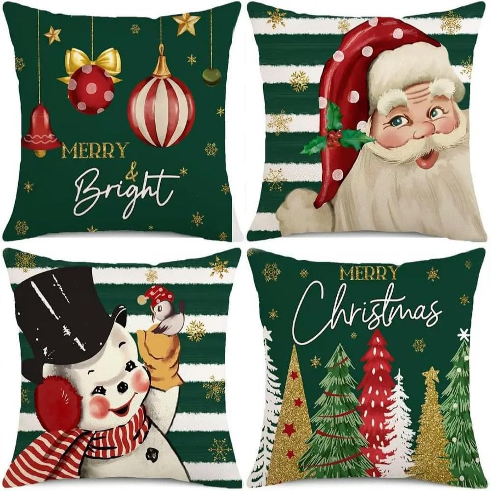 ZBDP - 4 federe per cuscini natalizi, Babbo Natale, pupazzo di neve, fiocchi di neve, fattoria, bufalo, plaid albero di Natale, decorazione per le vacanze