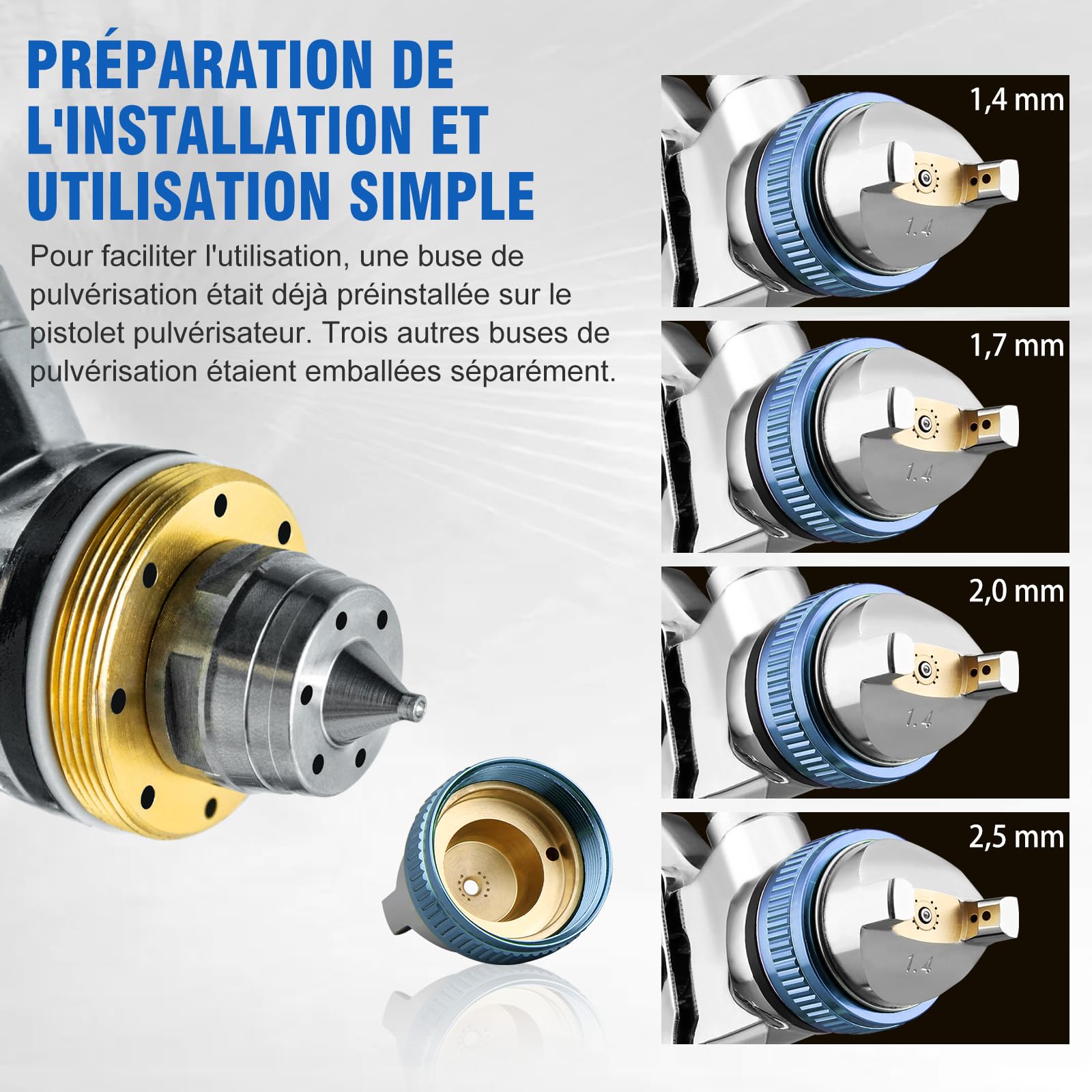 Pistolet à Peinture HVLP, 4 buse1,4/1,7/2,0/2,5mm, gobelet Plastique 600ml