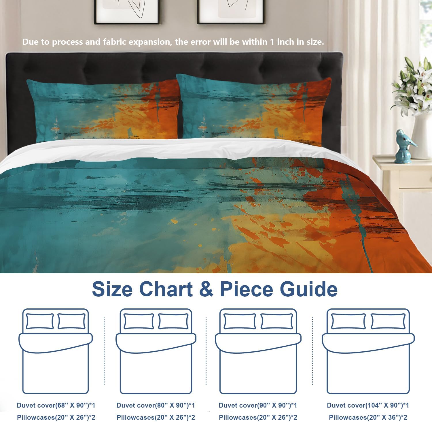 Batmerry Blending Blue Orange King Size 3 Pieces Bedding Duvet Cover Sets, Soft Flower Abstract with Vibrant Hues 100% Cotton Printed Duvet Cover for All Season