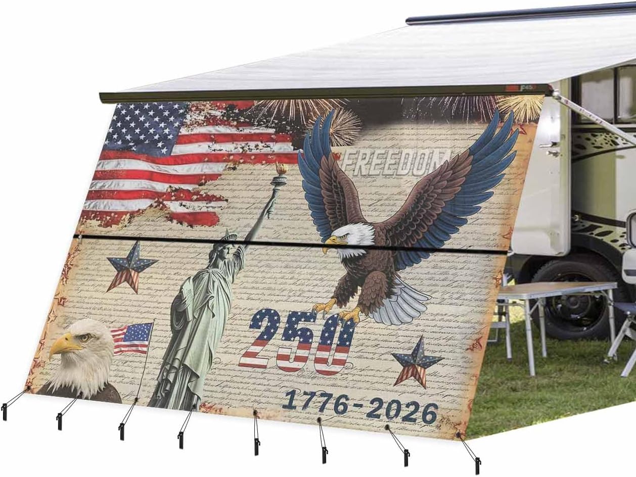 RV Awning Sun Shade Screen 9' x 15'3", 250 Anniversary USA Flag Mesh RV Awning Shades Complete Kits, American Eagle Statue of Liberty Sunlight Blocker Outdoor Canopy for Camping Trailer Motorhome