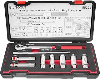 BILITOOLS 9-Piece Spark Plug Socket Set with Click Torque Wrench, 3/8 Inch Magnetic Swivel Spark Plug Socket, Extension Bar, Cr-V Steel