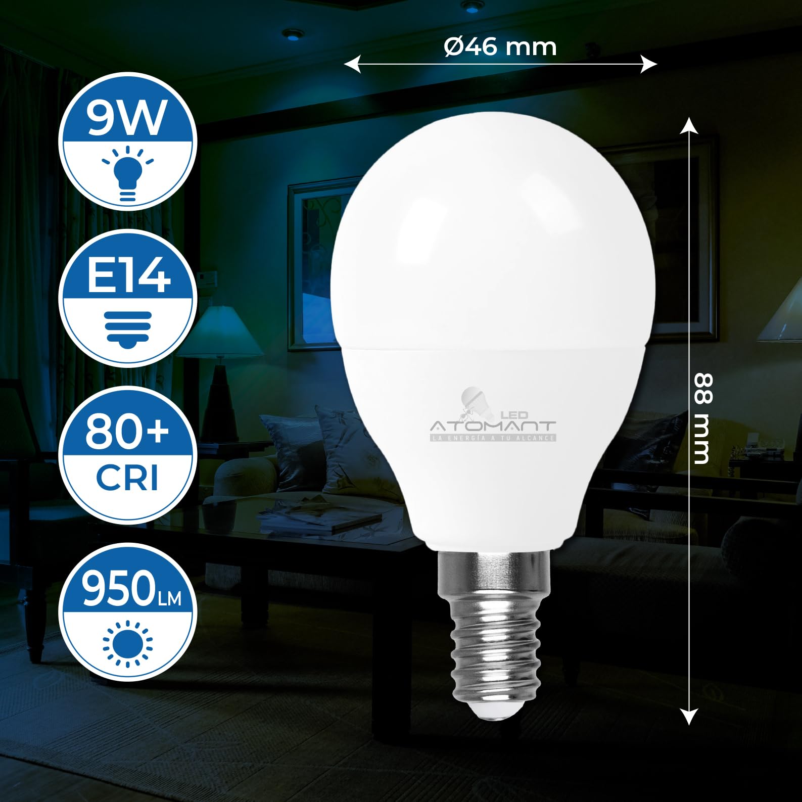 LED ATOMANT Pack 10x Bombilla LED E14 G45 9W, Color Blanco Frio (6500K), 950 Lumenes, Casquillo fino, Equivalente a 95W tradicional