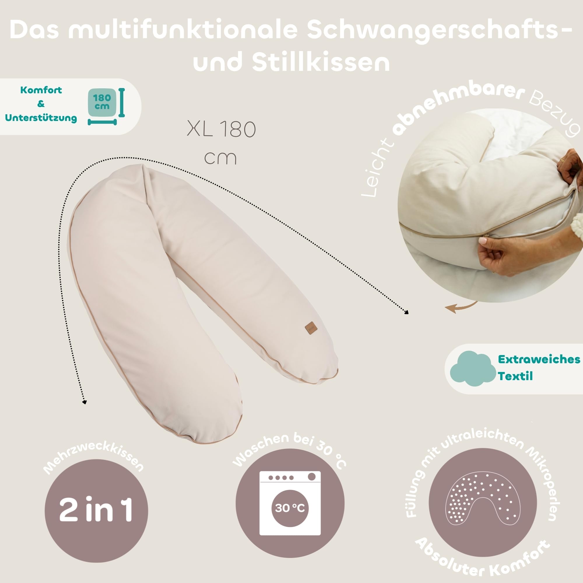 Béaba, Schwangerschafts- & Stillkissen XXL 180 cm, multifunktionales Mutterkissen, Ganzkörperstütze, geräuschlose Mikroperlen, Abnehmbarer Bezug & waschbar, OEKOTEX, French Terry, Mandel