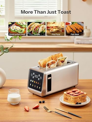 Yabano Grille-Pain 4 Tranches avec Écran Tactile & Fonction Mémoire, Technologie Single-Slice, Minuteur, Fonctions Décongélation & Réchauffage, Grille-Pain Inox avec 6 Niveaux de Brunissage & 5 Progra - 4