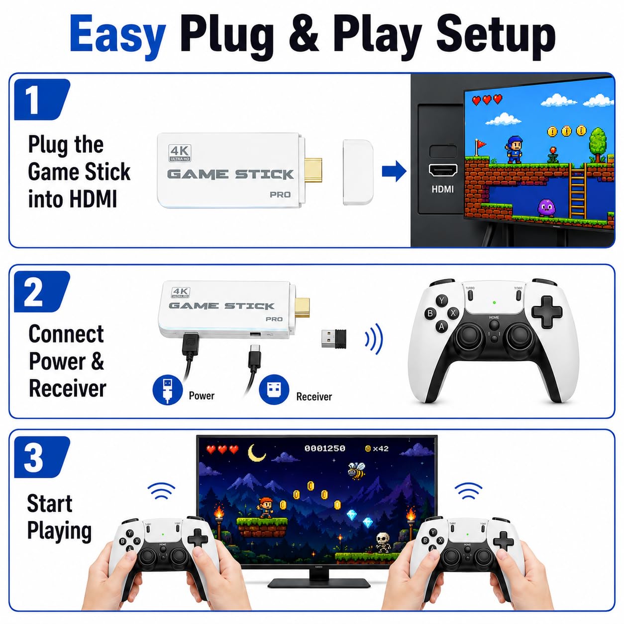 Retro Game Console Stick 4K for TV, Built-in 40,000+ Classic Games, 23 Emulators Video Gaming System, Plug and Play HDMI Game Stick with 2 Wireless Controllers, No WiFi Needed (White) 5 71Fc2dT0fLL. SL1254