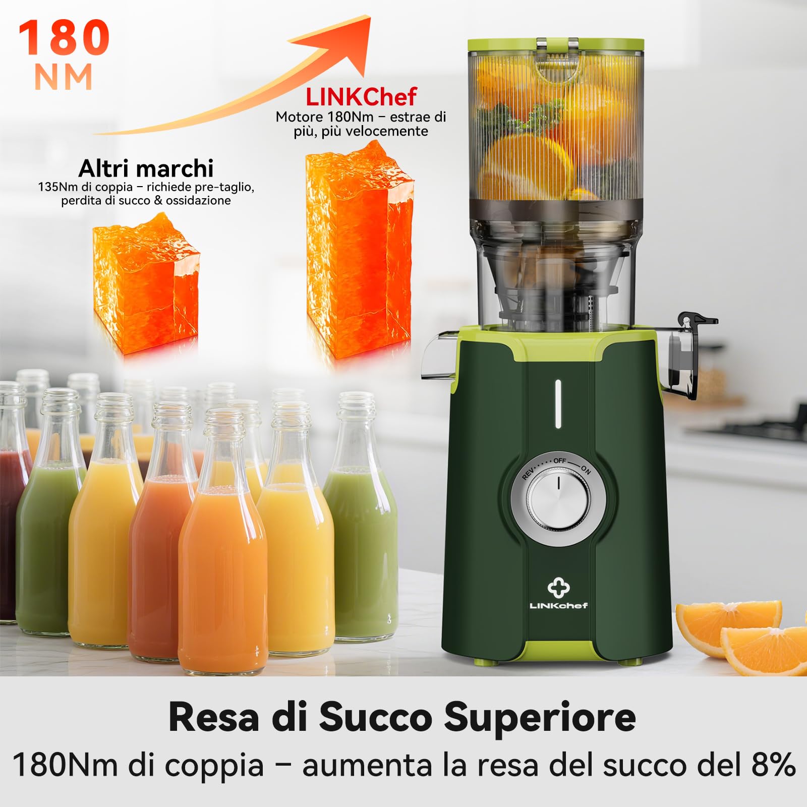 Pulizia Veloce Estrattore Automatico, 115mm Senza Preparazione Estrattore di Frutta e Verdura Intera, LINKchef Estrattore di Succo, Facile da Pulire, 1.2L 200w Più Verde