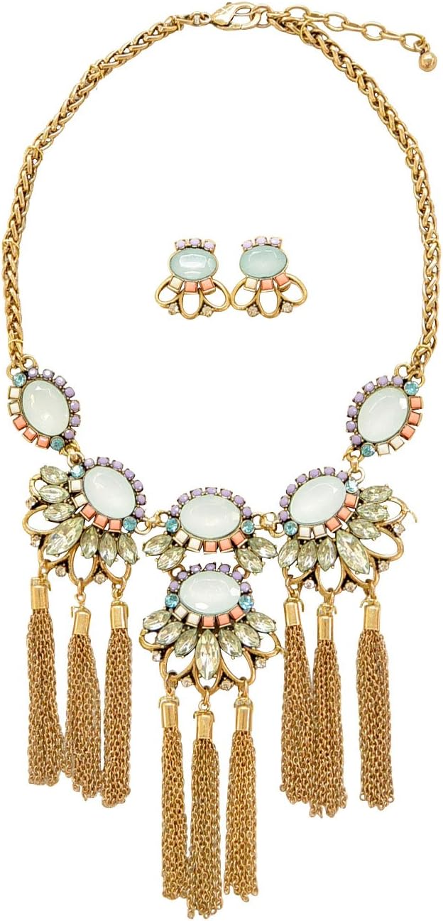 J Crew Inspired Bohemian Tassel Crystal Rhinestone Statement Necklace & Earring Set