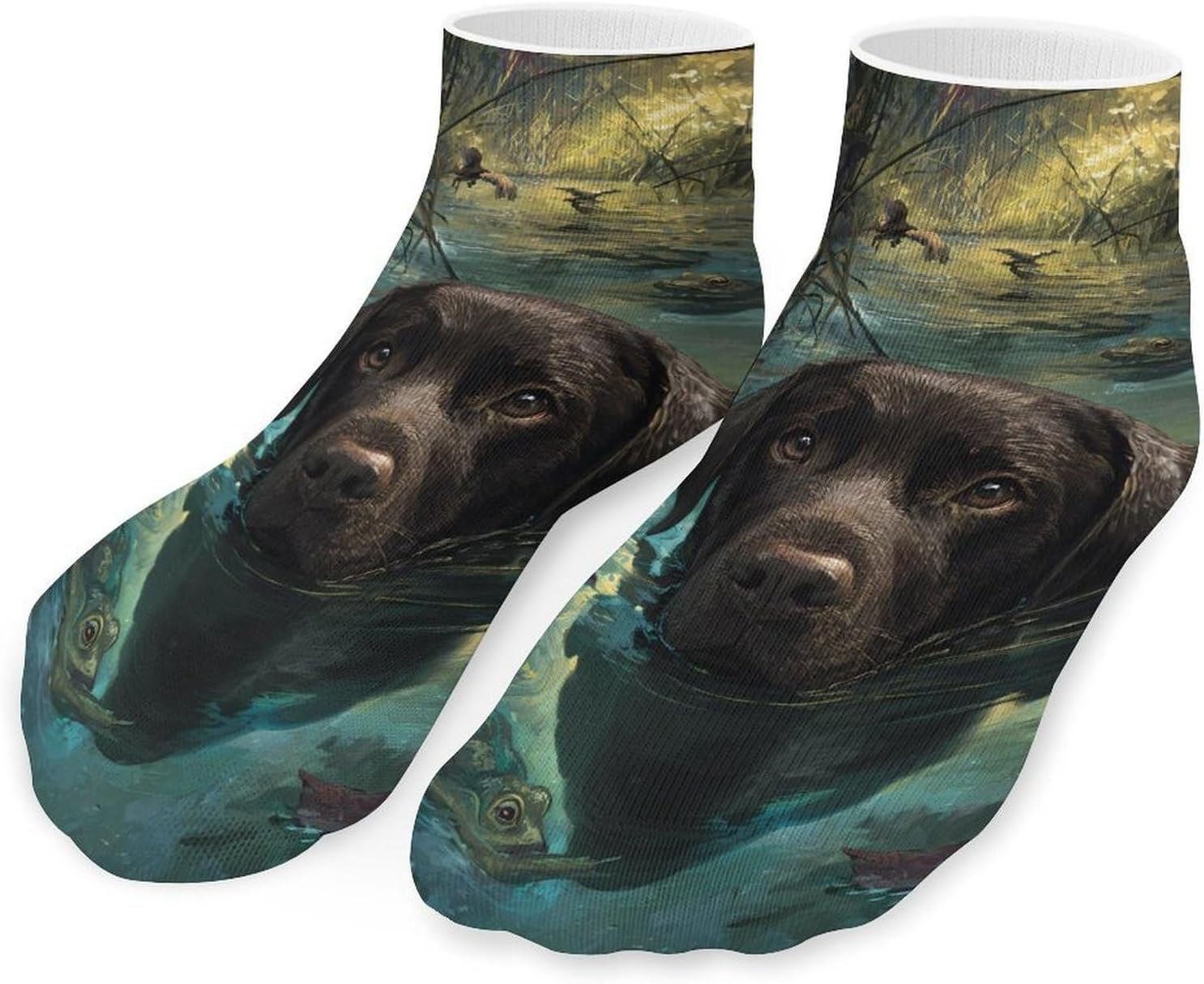 Labrador Dog Swimming Frogs Ponds No Show Ankle Socks Low Cut Non Slip Flat Boat Line 5 Pairs Set