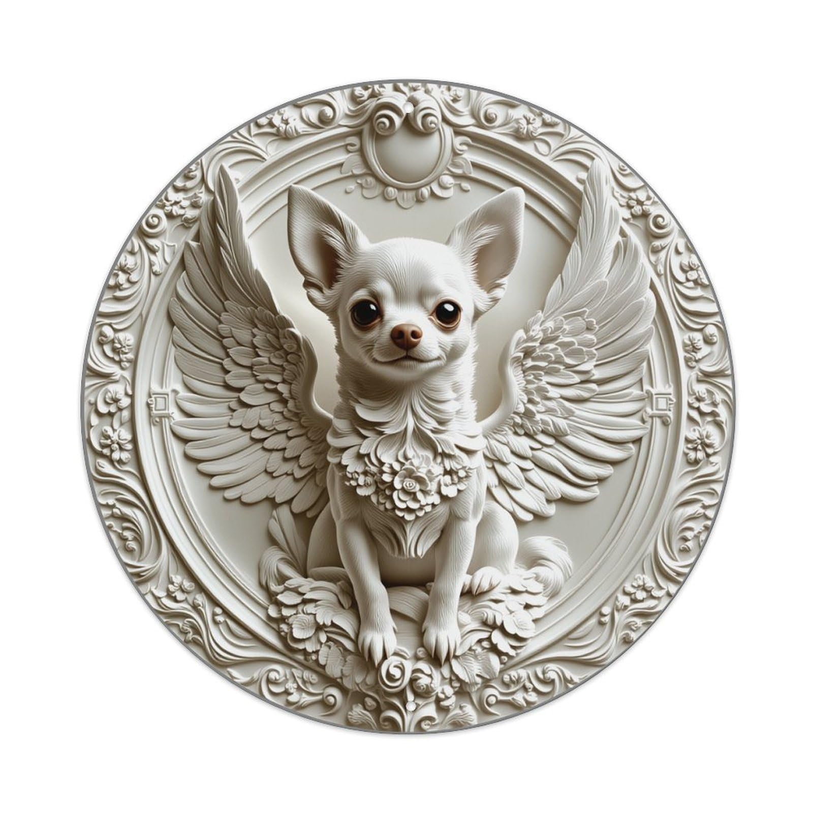 Angel Chihuahua Relief Artwork Round Tin Sign Vintage Metal Poster, Home Bar Garage Man Cave Cafe Indoor & Outdoor Wall Decoration 8x8Inches