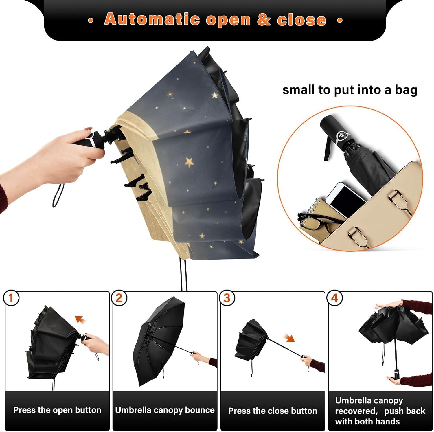 JIPONI Windproof Travel Umbrellas 01 - Large Compact Umbrella for Rain & Sun, Automatic Anti-UV Protection and Light Folding for Backpack & Car