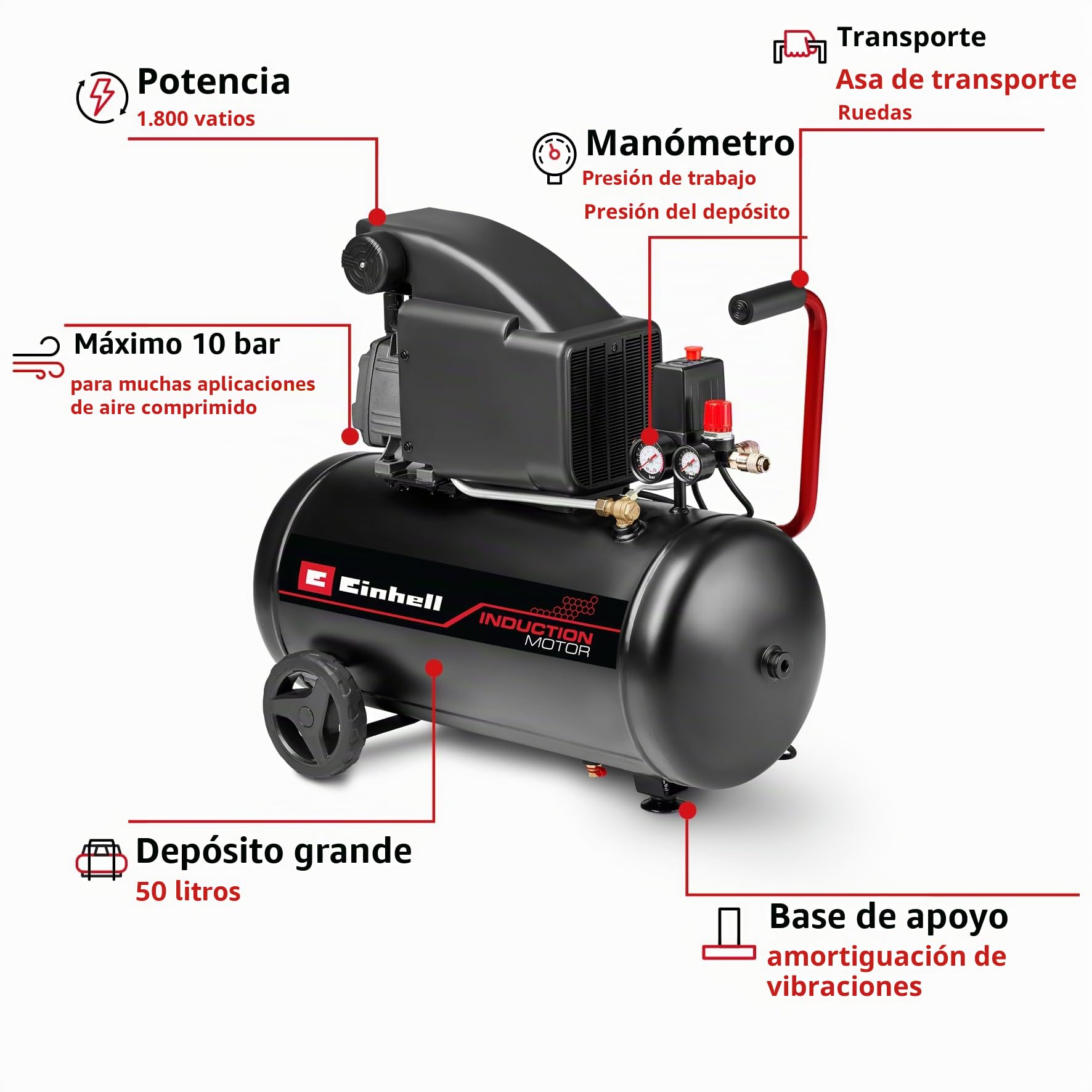 Einhell compresor TC-AC 270/50/10 (1800 W, máx. 10 bar, depósito de 50 l, lubricado con aceite, manómetro para presión de trabajo y de caldera, 270 l/min potencia de aspiración, reductor de presión)