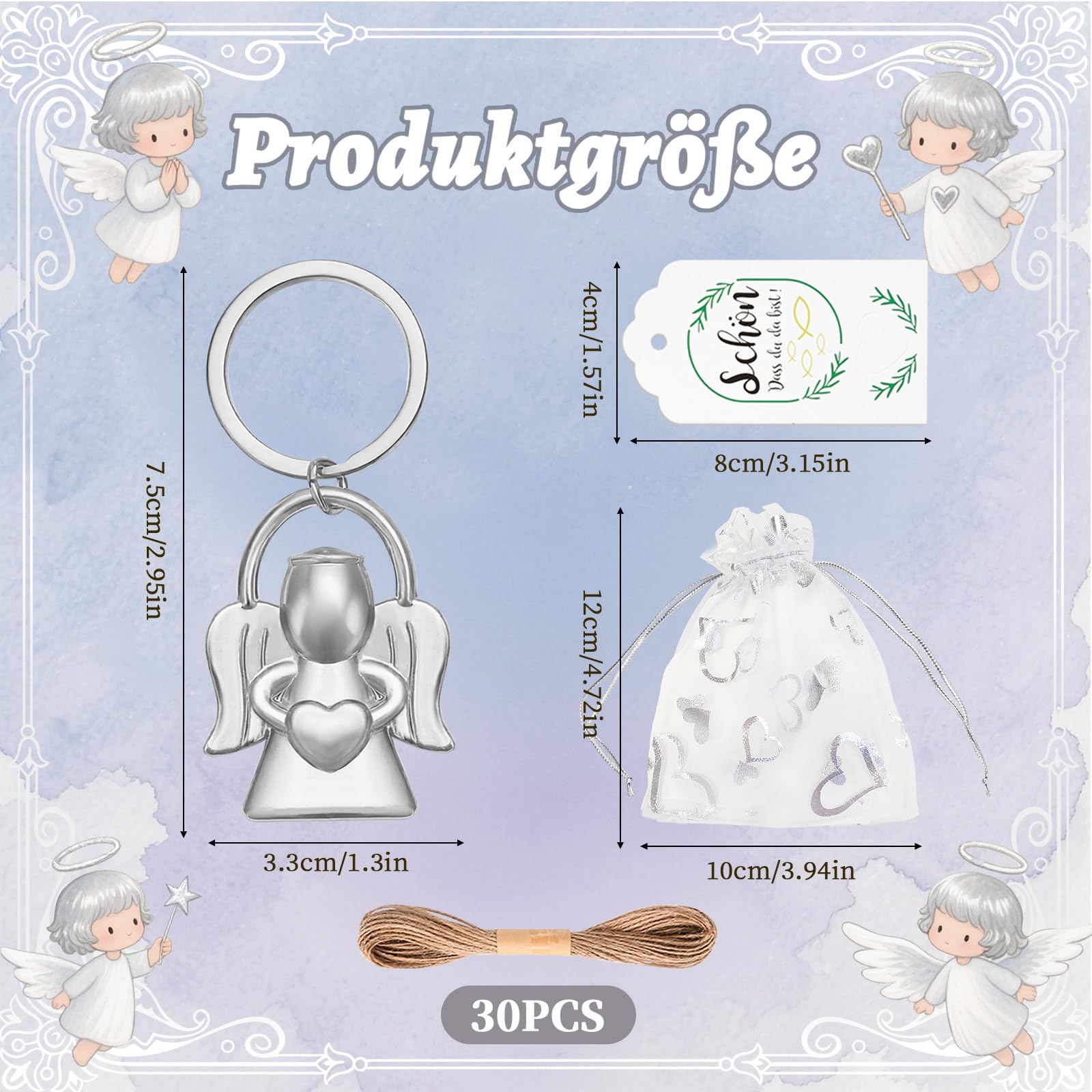 30PCS Schutzengel Schlüsselanhänger Glücksbringer,Glücksbringer Engel Herz Anhänger, Gastgeschenke Schutzengel Anhänger für Hochzeit Abschiedsgeschenk Weihnachtsgeschenke,Taufe,Kommunion (Silber)
