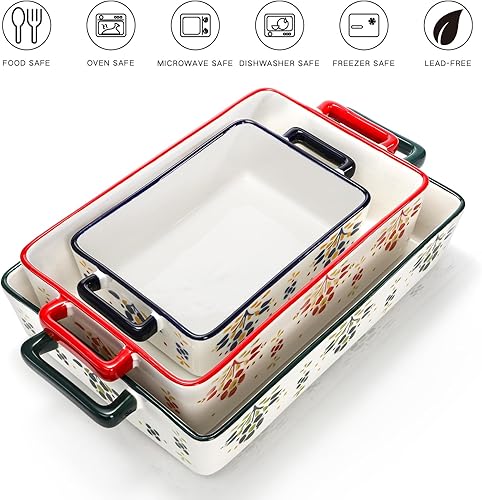 Miniatura 3 de Peohud Juego de 3 cacerolas para horno, platos de porcelana para hornear con asa, grandes sartenes rectangulares para lasaña, juego de utensilios de