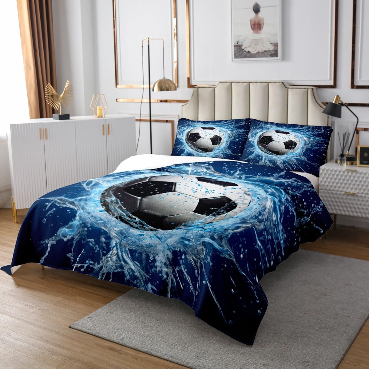 Homemissing Set di biancheria da letto per bambini con copriletto trapuntato blu a tema calcio, per ragazzi e ragazze, con stampa 3D, per donne e uomini, a tema sportivo, con 2 federe