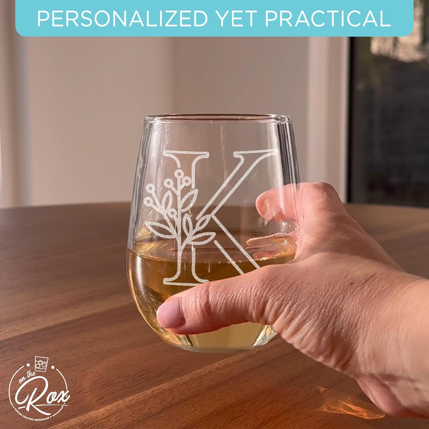 On The Rox Monogrammed Gifts For Women and Men - Letter A-Z Initial Engraved Monogram Stemless Wine Glass - 17 Oz Personalized Wine Gifts For Women and Men (K) - Image 5