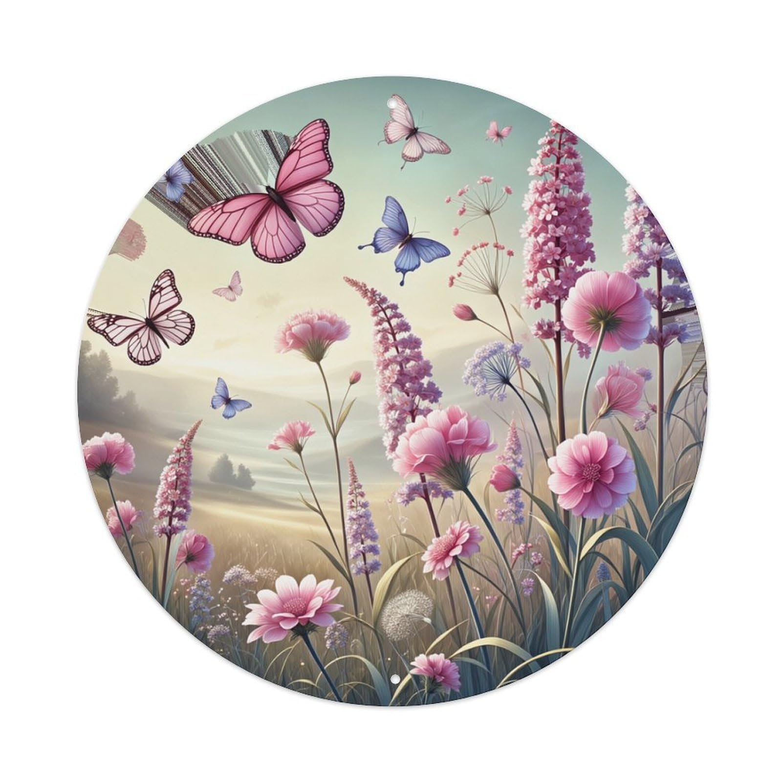 Butterfly Flower Meadow Sky Light Round Tin Sign Retro Metal Sign for Cafe Bar Pub Home Game Room Gym Club Wall Decoration Vintage Metal Poster 8x8 Inch