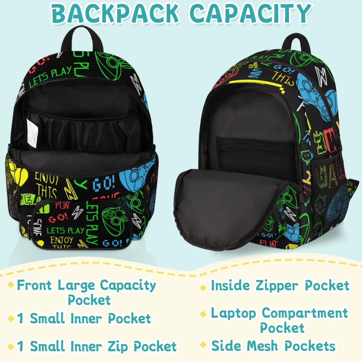 Kids Backpack for Boys - Video Game School Backpack for Teens Students - Schoolbag Lightweight Waterproof Elementary Book Bag Travel Casual Daypack
